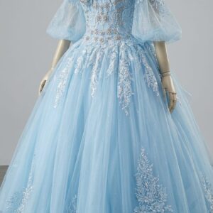 Light blue quinceañera dress RQ1110 Rachel Allan ball gown puff sleeves lace up back size 12 West Haven CT