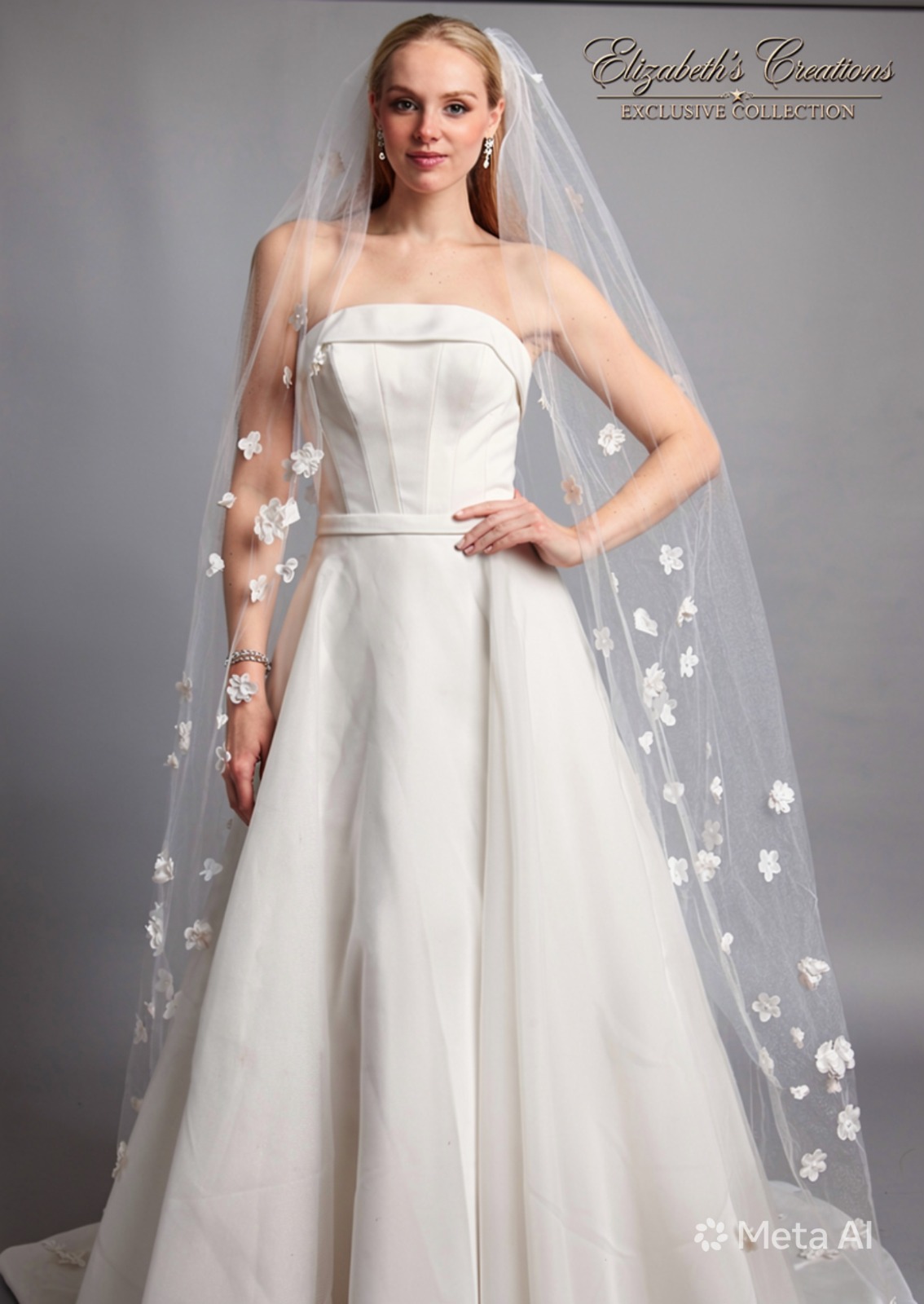 3d floral veil – 2" x 65" – ivory 3D floral veil 65 inch chapel length ivory Style 6022